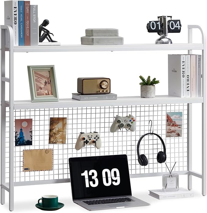 Desktop Hutch Shelf Organizer, 2-Tier Metal & MDF Desk Bookshelf with Grid Panel and Hooks for Office & Dorm (White, 45.3")