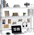 Desktop Hutch Shelf Organizer, 2-Tier Metal & MDF Desk Bookshelf with Grid Panel and Hooks for Office & Dorm (White, 45.3")