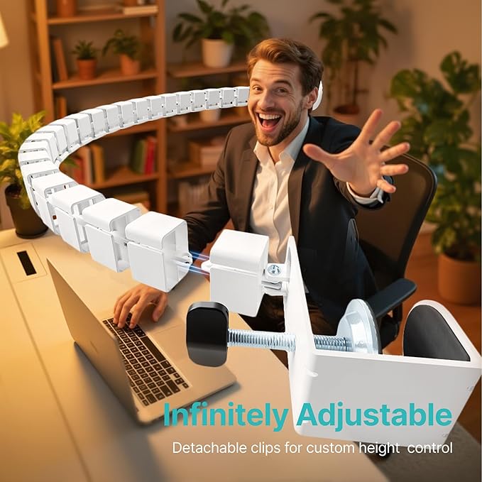 PEGZONE Under Desk Cable Management Spine – Flexible Cable Snake Organizer for Standing Desk, No Drill Clamp-on Vertebrae Wire Management for 0.4"-2" Table, White