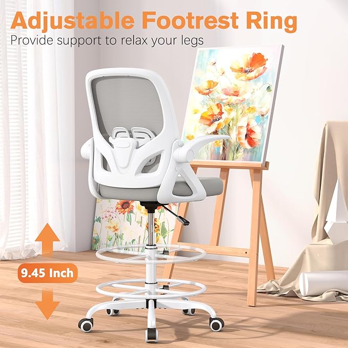 ORRSAKER Drafting Chair Tall Office Chair for Standing Desk, Breathable Mesh Ergonomic Computer Desk Chair with Flip-Up Armrests, Adjustable Lumbar Support and Footrest Ring,300 LBS，Gray