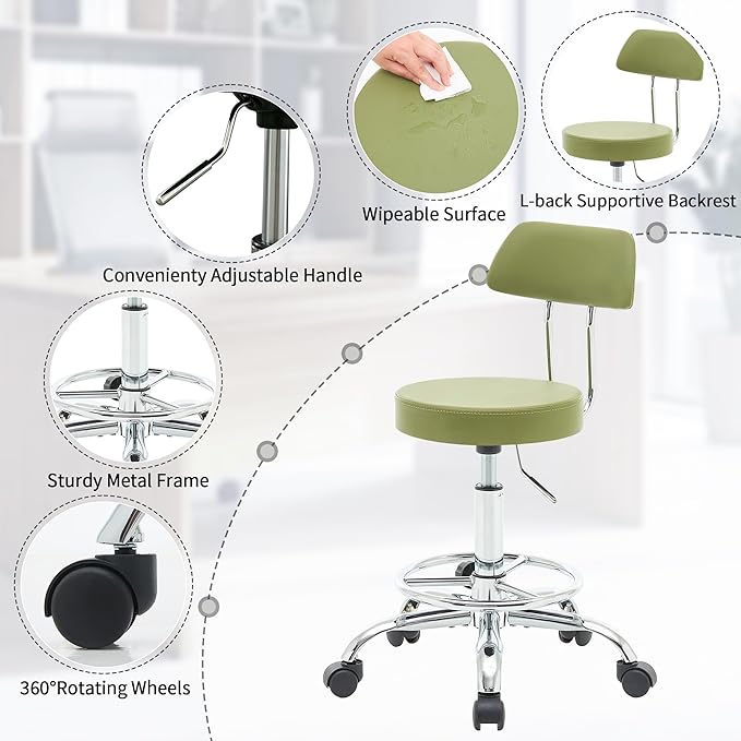 FIRAVOE Drafting Chair (Work Stool with Back)(Swivel Shop Stool 19.5"-26.6") Adjustable Height and Footrest Ergonomic Office Chair (Green)