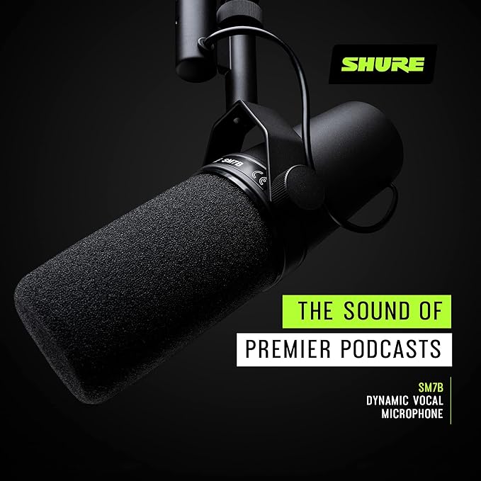 Shure SM7B Dynamic Studio Microphone - XLR Mic for Podcasting, Streaming, Vocal Recording & Broadcasting, Wide Frequency Range, Smooth Warm Audio, Detachable Windscreen, Black