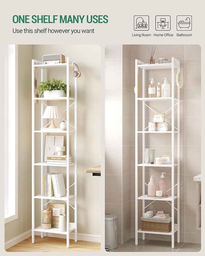 Hzuaneri Bookshelf, Book Shelf, Industrial Bookcase with 2 Hooks, Coner Shelf Storage Organizer for Home Office, Living Room, Bedroom, Kitchen, 6-Tier White BC10713W