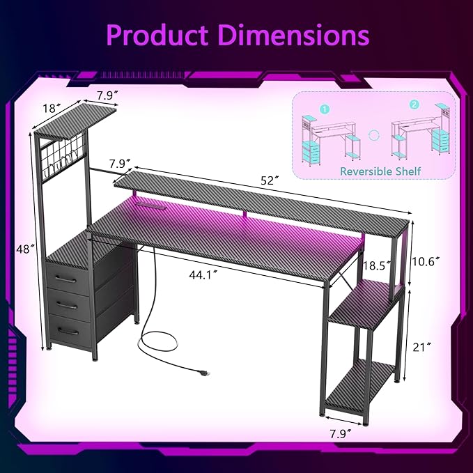 Korfile 63 Inch Gaming Desk with Bluetooth LED Lights & Power Outlets,Computer Desk with Fabric Drawers & Hooks,Reversible Gamer Table with Monitor Stand for Game Room,Home Office,Carbon Fiber Black