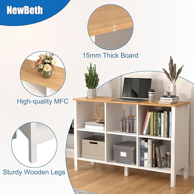 6-Cube Bookcase, Farmhouse Wooden Bookshelf Low Storage Organizer, 45" Horizontal White Console with Legs, Hallway Book Case for Entryway, Display Cabinet for Living Room (White, 6-Cube)