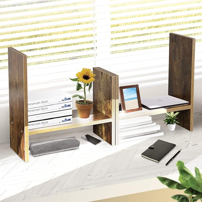 BROWN-BROWN Adjustable Wood Desk Shelf Organizer Office Home Multipurpose Desktop Shelf, Display Shelf Rack Top Mini Bookcase, Free Style Display Desktop Organization