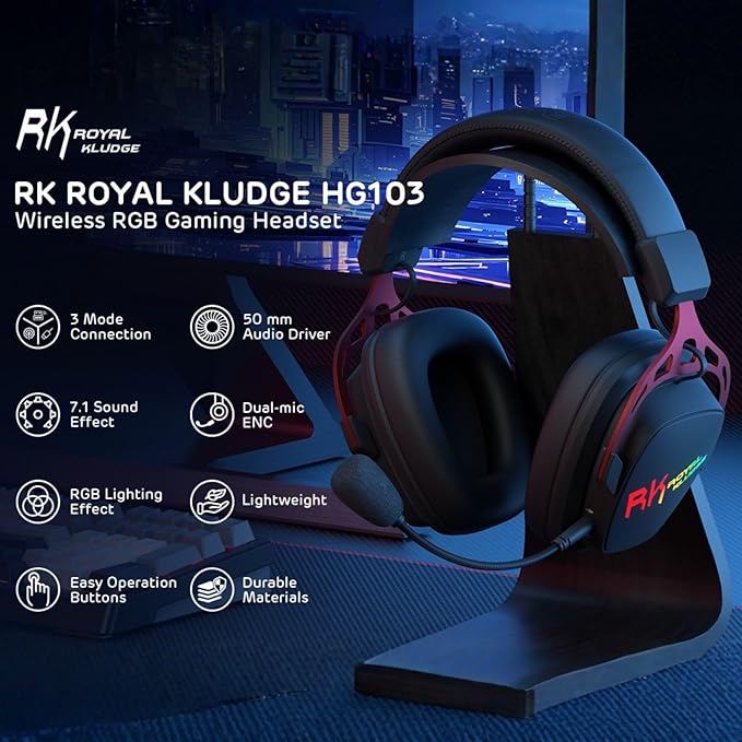 RK ROYAL KLUDGE HG103 Wireless Gaming Headset for PS5/4, Xbox, PC, Switch, BT5.3/2.4G/3.5mm Wired RGB Over Ear Headphones with Noise Canceling Mic, 50mm Drivers, 7.1 Surround Sound for FPS Game