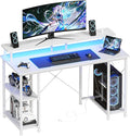 DUMOS Gaming Desk 48 inch Computer Office Desks with LED Lights Power Outlets, Monitor Stand Storage Shelves, Ergonomic White Office Table for Home Gaming Station