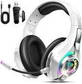 2.4GHz Wireless Gaming Headsets for PS5/PS4/PC/Switch/Xbox, RGB Noise Cancelling Over-Ear Headphones with 7.1 Surround Sound, 40mm Drivers, 276g Ultraligero, Memory Foam, 45H Gaming Headphones White