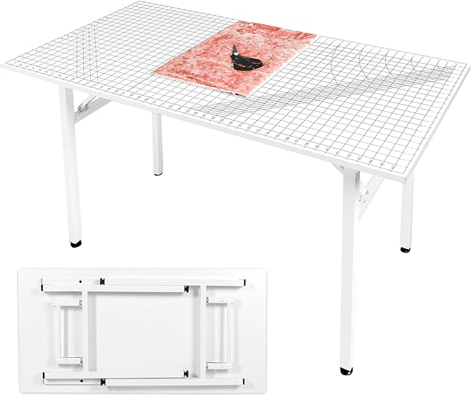 Crutello Fabric Cutting Table for Sewing Room - 48x24 inch Grid Top Folding Craft Table for Adults - Steel Folding Storage Legs for Sewing Machine, Hobby and Crafting Room - Patent Pending