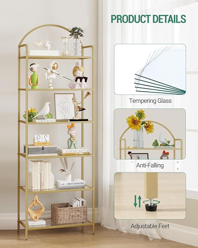 Hzuaneri Bookcase Bookshelf, Tempered Glass Bookshelves, Slim Shelving Unit for Bedroom, Bathroom, Home Office, Steel Frame, 6 Tier Gold BC21699G