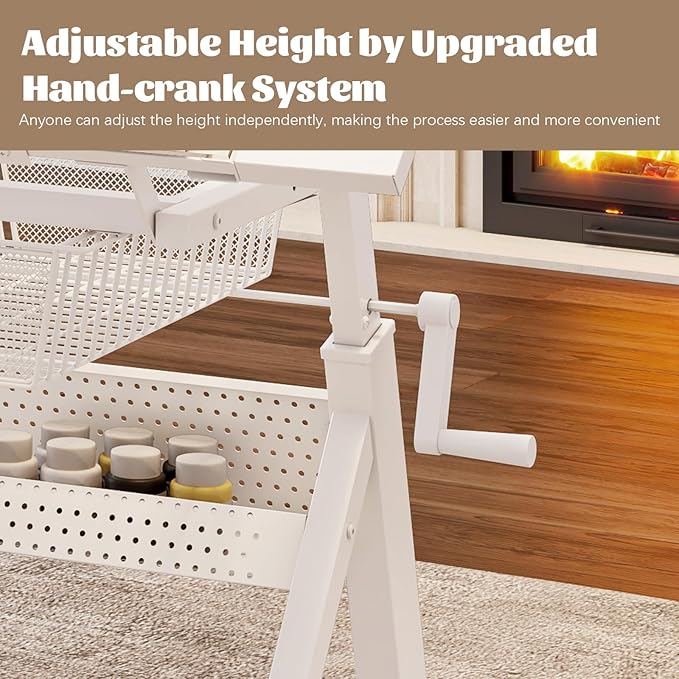 Drafting Table Desk w/Stool, Painting Table Art Craft Desk Crafting Table with Tilting Tempered Glass Top, 2 Storage Drawers, Upgraded Hand Crank Height Adjustable (White)