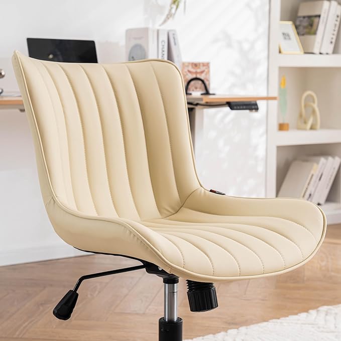 YOUNIKE Beige Office Desk Chair with Wheels Swivel Comfy Armless Vanity Chair with Back Modern Leather Upholstered Rolling Computer Task Chair Small Cute Drafting Sewing Chair No Arms Adjustable
