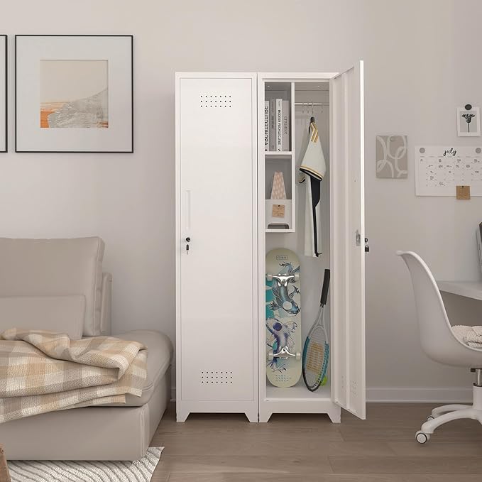 IRONFFICE Storage Cabinets with Lock,Slim Broom Closet Storage Cabinet with Doors and Shelves,Tall White Cabinet for Small Spaces,Laundry Room Cabinet for Home Office,Gym