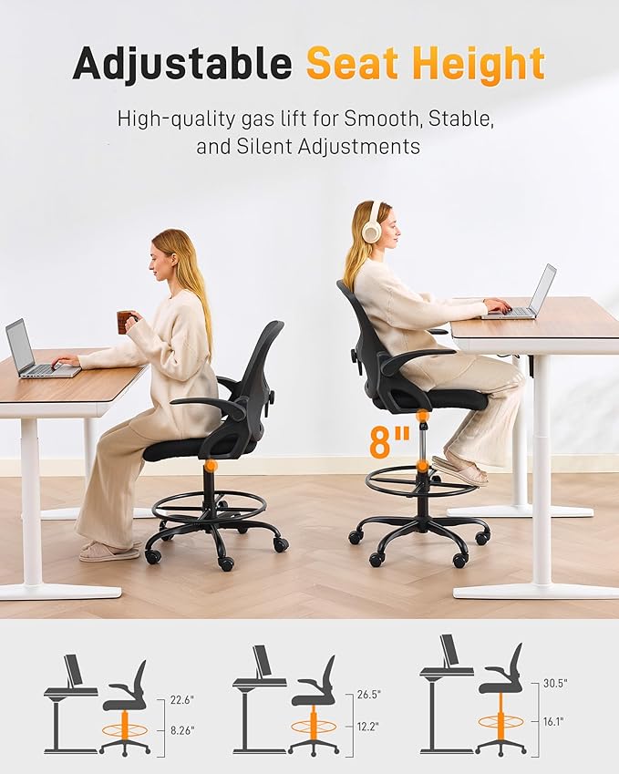LukkDys Drafting Chair with 4D Multi-Adjustable Backrest, Tall Office Chair 19.7"-27.6" Seat Height, Ergonomic Standing Desk Chair with Flip-up Arms, Foot Ring, Black
