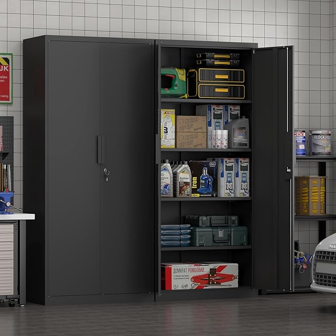 71" H Metal Garage Storage Cabinets with Lock, Black Metal Storage Cabinet with Doors and Shelves, Tall Locking Cabinets for Garage, Kitchen, Office