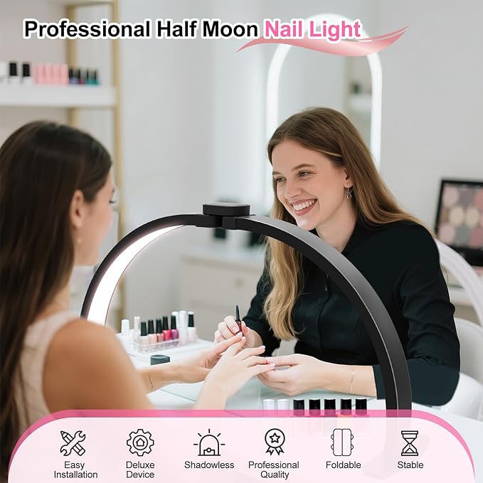 Half Moon Light for Nail Desk: 29in LED Arch Nail Tech Table Lamp with Phone Holder - Salon Professional Desk Light 3 Color Modes & 10 Brightness Lighting for Manicure Technician Use（Black,Large）