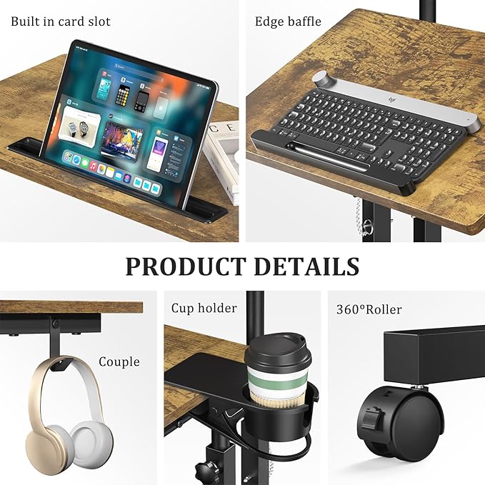 Enayplon Small Standing Desk with Wheels, Mobile Stand Up Desk, Portable Standing Table on Wheels for Walking Pad, Rolling Computer Desk Adjustable Height, Tall Table