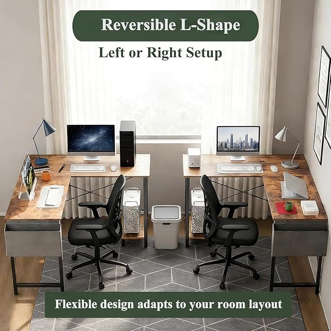 L Shaped Desk, 50 Inch Reversible Computer Desk Corner Gaming Table with CPU Stand & Storage Bag, Sturdy Metal Frame PC Workstation for Home Office, Brown Wood