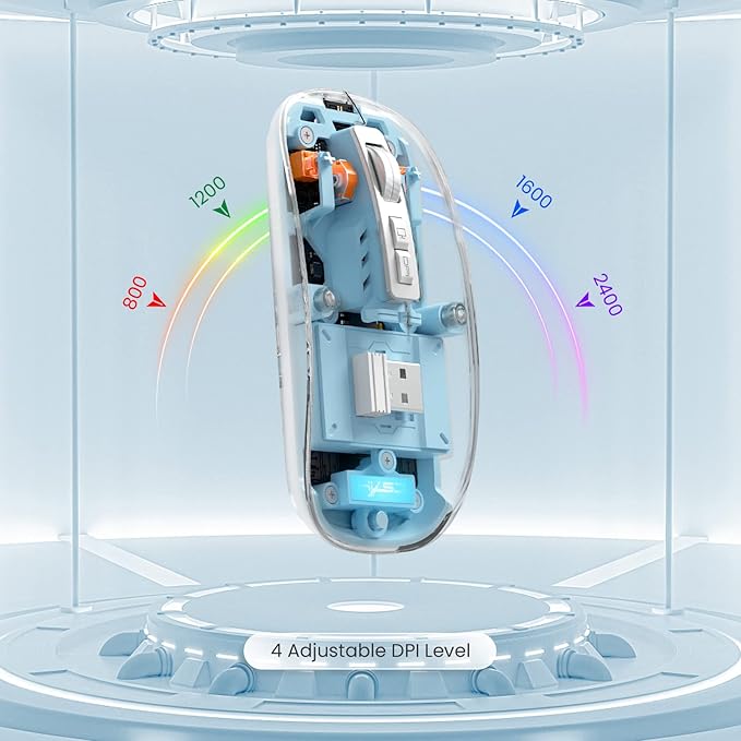 A.JAZZ Wireless Bluetooth5.1&2.4G Mini Lightweight Mouse,Transparent Clear Cool,Rechargeable Silent Computer Mice,Nano USB C Receiver,LED Battery Magic Silm for Office/PC/Mac/Laptop/Apple/ipad(Blue)