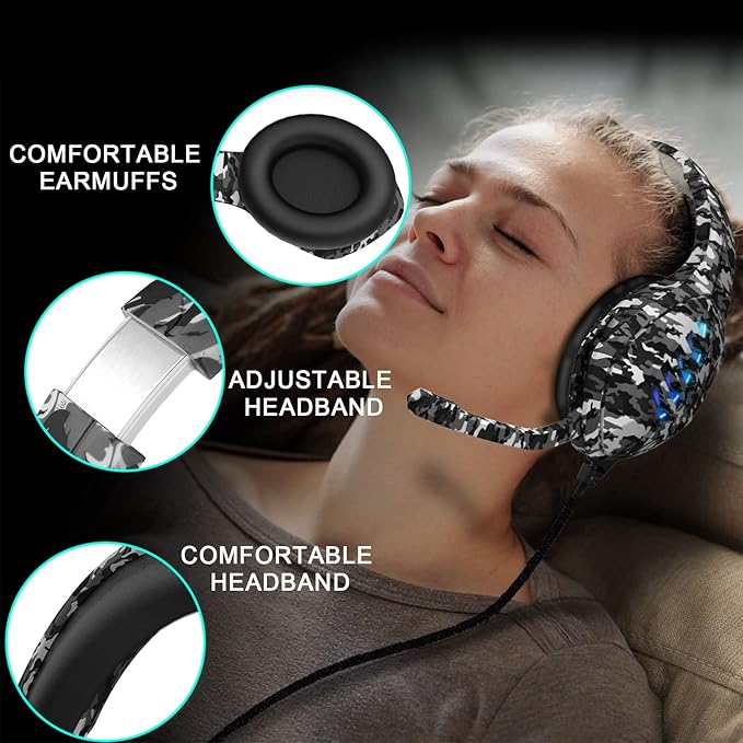 Gaming Headset with Microphone - for PC, PS4, PS5, Switch, Xbox One, Xbox Series X|S - 3.5mm Jack Gamer Headphone with Noise Canceling Mic (Camo Black)