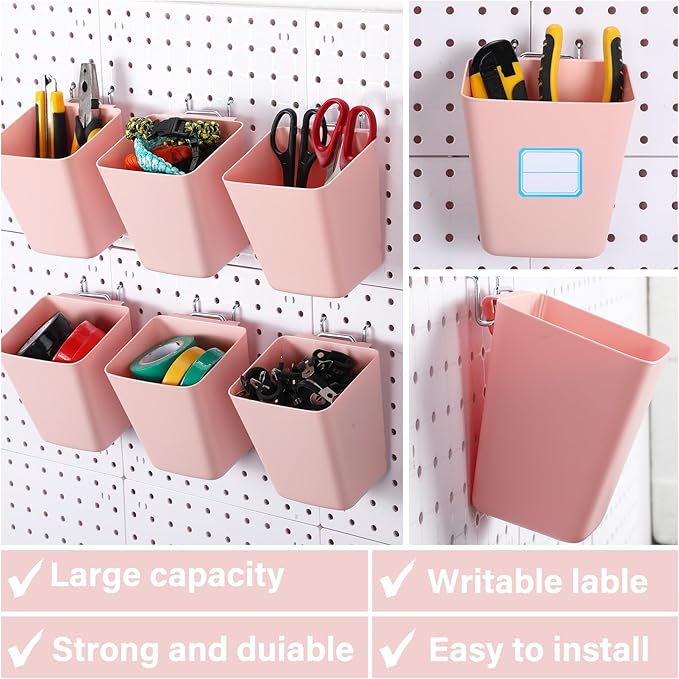 Namalu 12 Pack Pegboard Storage Bins with Labels and Hooks Bulk Peg Board Organizer Accessories Hanging Cup Organizer Pegboard Cup Holder (Pink)