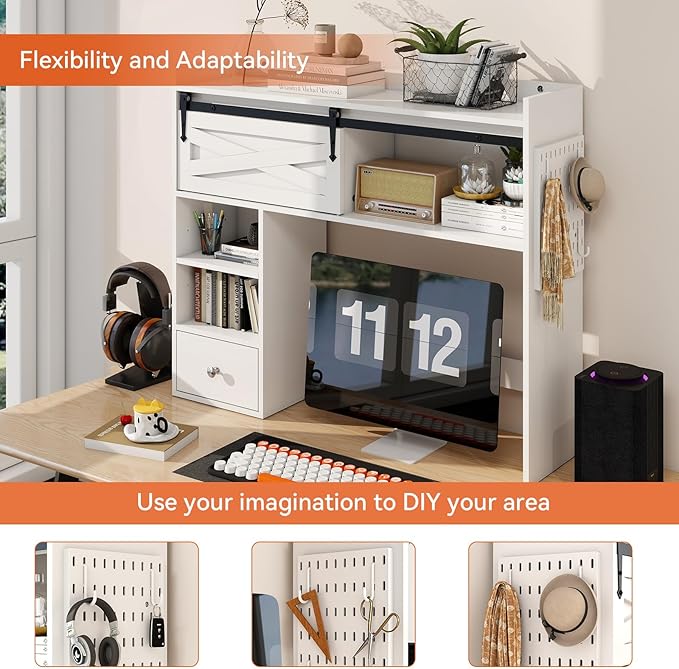 ELECWISH Desktop Bookshelf, Desk Shelf with Drawer for Computer Desk, 36.22" 7-Tier Adjustable Desktop Hutch Organizer with Pegboard for Home Office, Oak
