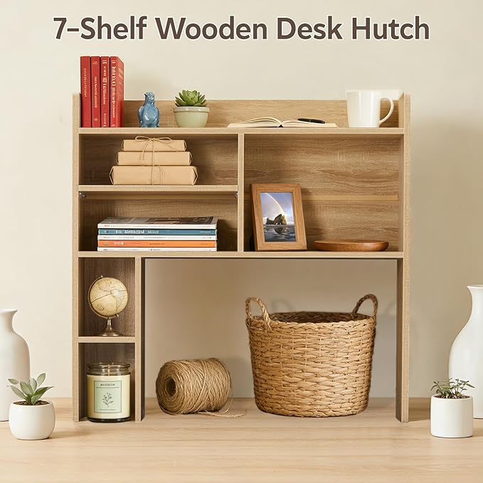 OFCASA Desktop Bookshelf, Countertop Storage Hutch with 7 Shelves for Computer Desk, 35.4'' 3-Tier Display Rack, Multipurpose Wooden Desk Hutch Storage Organizer for Home Office Dorm, Natural