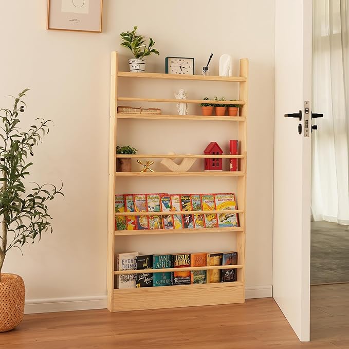 Baveke Kids Bookshelf, 5 Tier Shelves Behind The Door Book Shelf Storage, Children's Solid Wood Bookcase Space- Saving, Wall Mount Bookshelf for Bedroom, Living Room, Office（FSC-Certified Wood）