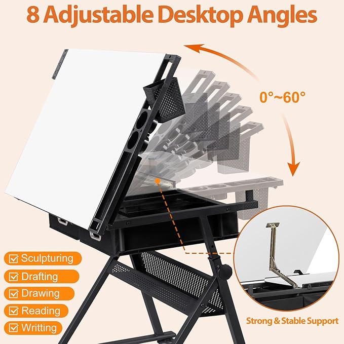 ZENY Adjustable Drafting Table with Stool, Tilting Drawing Desk Artist Table with Storage Drawers, Art Craft Workstation for Home Office Reading, Writing, Crafting (White-with Outlet)