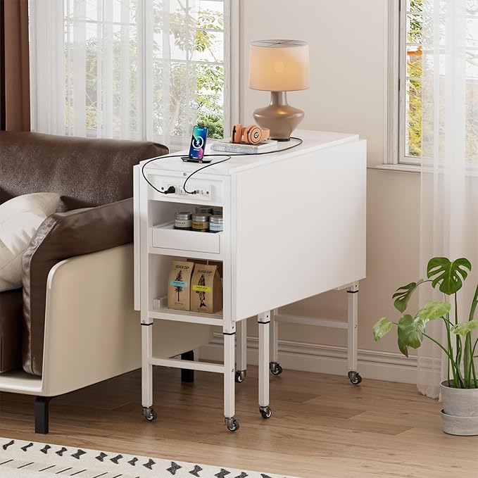 PAKASEPT Height Adjustable Sewing Cutting Table with Charging Station, Folding Craft Table with Storage,Movable Shelves for Large Fabric, Mobile Sewing Desk for Home Office Sewing/Craft Room,White