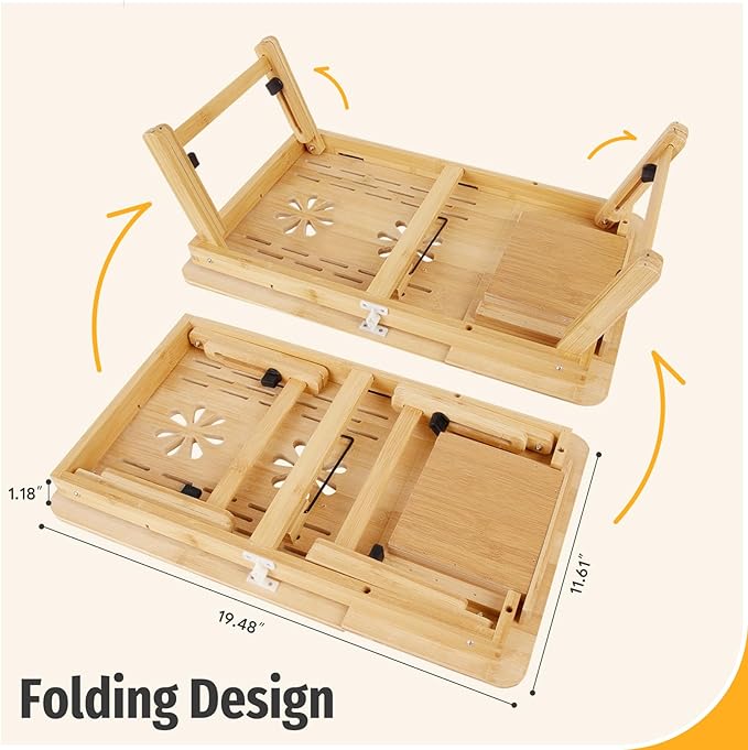 Bamboo Laptop Desk for Bed, Height & Angle Adjustable Foldable Lap Desk with Drawer & Cup Holder, Portable Bed Desk Table for Working, Reading, Writing or Breakfast on Sofa, Couch or Floor