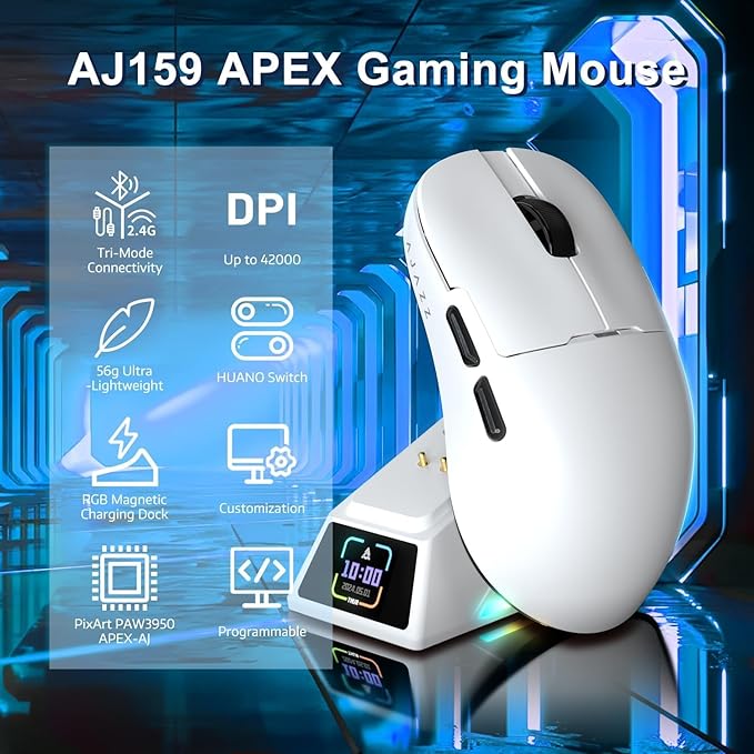 A.JAZZ AJ159APEX 8Khz Wireless Gaming Mouse Ultralight 56g with Magnetic Screen Charging Dock 42000DPI PAW3950 Sensor Tri Mode BT/2.4Ghz/Type-c Wired Programmable for Esport FPS PC Mac Gamer(White)