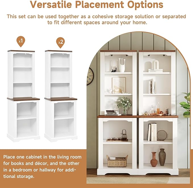 ON-Trend Two-Piece Elegant Freestanding Tall Cabinet with Fully Open Storage, Walnut Element Bookshelves with Curved Design, Stylish Display Bookcase with Anti-Tip Device for Living Room, White Refi