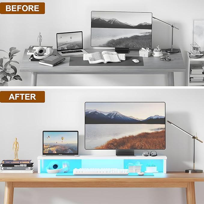 Qupui Dual Monitor Stand Riser for Desk with LED Lights, Large Computer Monitor Stand for 2 Monitors, Desk Shelf for Top of Desk, Desktop Organizer for Computer, Laptop, Printer, TV