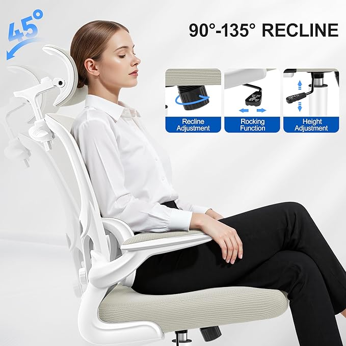 ALLGOD Ergonomic Office Chair, Mesh Desk Chair with Lumbar Support, High Back Home Office Chair with Adjustable Headrest and Flip-Up Arms, Comfortable Computer Chair, Thick Cushion, 300 LBS, White