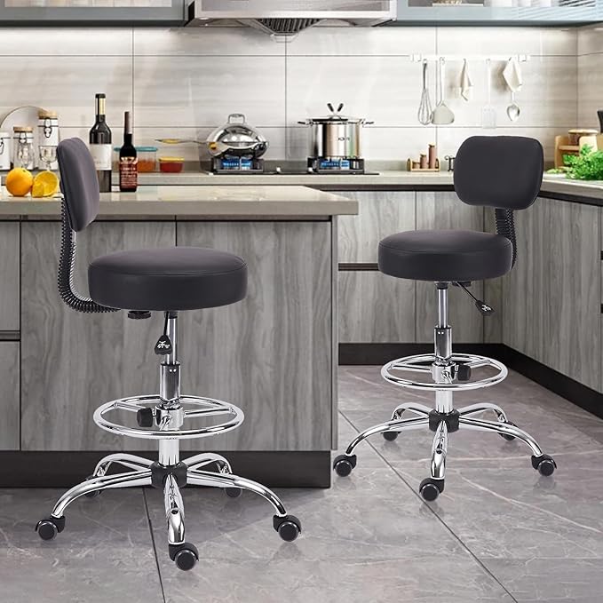 KLASIKA Drafting Stool Chair with Back, Adjustable Foot Rest Backrest Swivel Rolling Stool, Multi-Purpose Office Desk Chair, Thickened Seat for Home Bar Spa Kitchen Shop 2pack