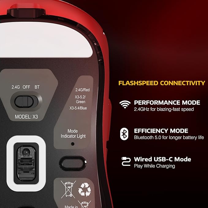 ATTACK SHARK X3 Lightweight Wireless Gaming Mouse with Tri-Mode 2.4G/USB-C Wired/Bluetooth,26K DPI, PAW3395 Optical Sensor,Kailh GM8.0 Switch,5 programmable Buttons for PC/Win/Mac(Red)