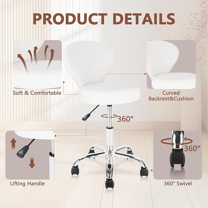 KLASIKA Set of 4 PVC Faux Leather Rolling Swivel Salon Stool Chair with Low Back Support Adjustable Hydraulic Seat Height 22 IN Diameter 15 IN for Office Massage Facial Spa Medical Tattoo White 4 Pack