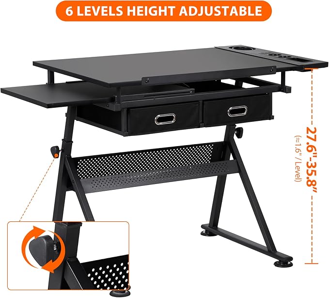 HomGarden Height Adjustable Drafting Desk Drawing Table Art Craft Work Station w/Stool, Storage Drawers for Home Office Study Room, Black
