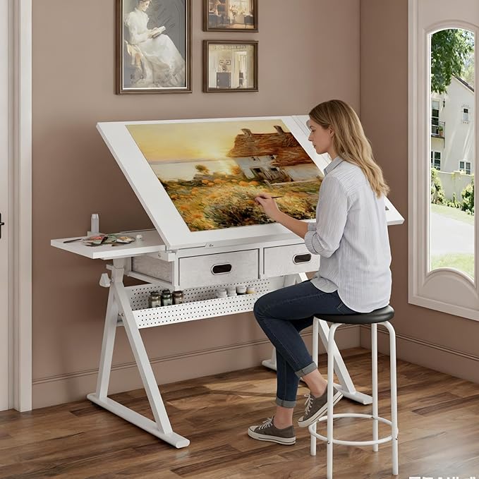Drafting Table with Stool, Height Adjustable Drawing Table Art Table Painting Table Art Craft Desk with 0-75° Tilting Tabletop and Storage Drawers, All White