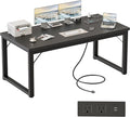Mericonia 54 Inch Computer Desk with Power Outlets, 1.2" Thick Heavy Duty Industrial Office Desk, Modern Simple Study Writing Table for Home Office Bedroom Workstation, Black