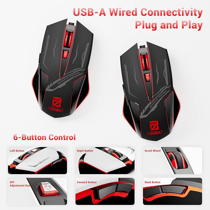 Gaming Mouse RGB, Wired Optical Mouse with 6 Programmable Buttons & 7 Backlit Modes, Wired Mouse for Computer and Laptop, USB Corded Mouse, Right or Left Hand Use - Black