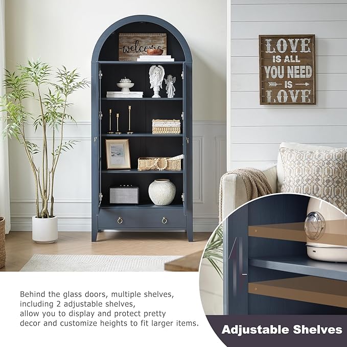 Tall Arched Cabinet, Modern Farmhouse Wooden Display Cabinet with Glass Doors, 70" 6 Tier Bookshelf w/Adjustable Shelves for Living Room, Office, Blue
