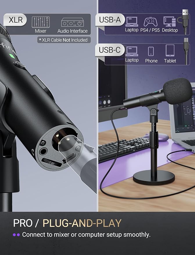 FIFINE USB/XLR Dynamic Microphone for Podcast Recording, Studio Mic Set with Desktop Stand for Vocal, Voice Over, Streaming, Black-AmpliTank TANK2