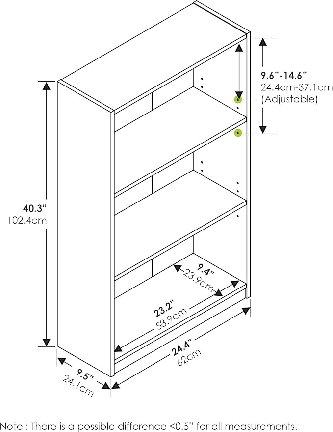 Furinno Jaya Book Shelf, 3-Tier Bookshelf, Bookcase with Adjustable Shelves, 9.5 x 24.5 x 40.3, for Organization and Storage, for Living Room, Bedroom, Home Office, Blackwood