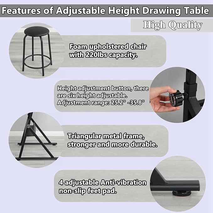 Drafting Table for Artists, Height Adjustable Glass Drawing Table with Stool, Ergonomic Art Table with 0-75° Tilting Tabletop and More Storage for Home Office, Type 1-Black