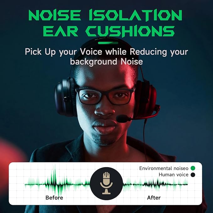 Black Shark Gaming Headset with Noise Canceling Cardioid Mic, Over-Ear Headphones for PC, PS4, PS5, Xbox, Switch, 50mm Dynamic Drivers & LED Light