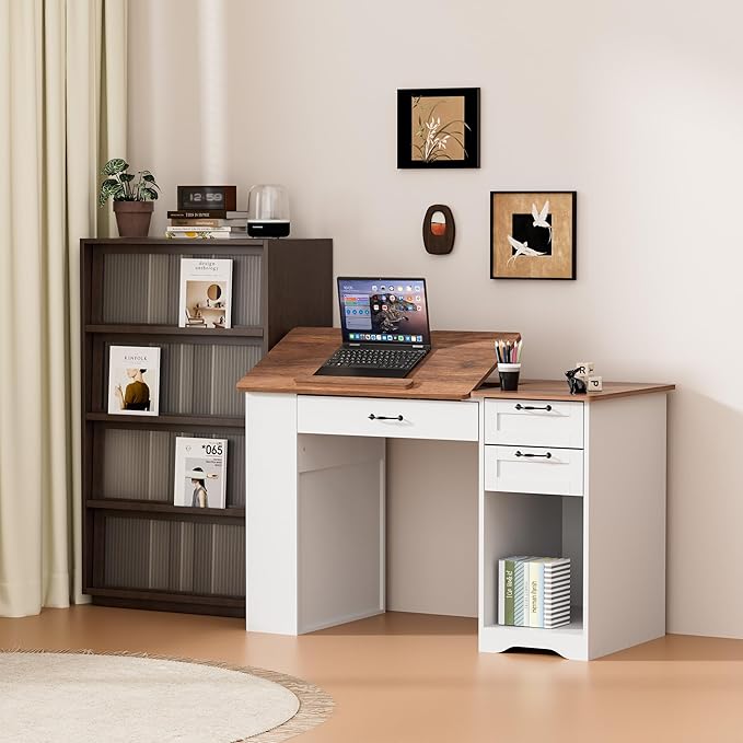 Crafting Table with Storage Cabinet & Drawers, Adjustable Drafting Table with Open Shelves, Drawing Computer Desk, Painting Desk, Workstation for Home Office Reading, Writing, Craftin