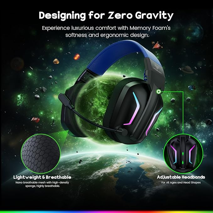 WESEARY Wireless Gaming Headset for PC, Laptop, Mac & Switch, Dual Low-Latency 2.4GHz USB/Type-C, Bluetooth Gaming Headphones with ENC Mic for Cube Accessories, 3D Stereo,Colorful Light, 50H Power